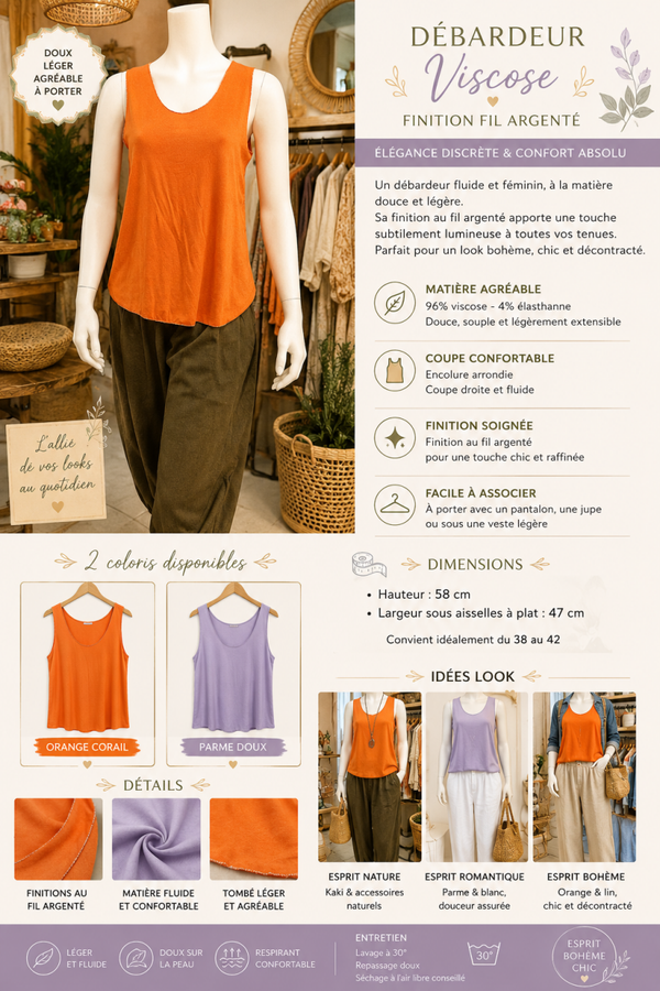 Débardeur viscose à fil argenté – Orange & Parme