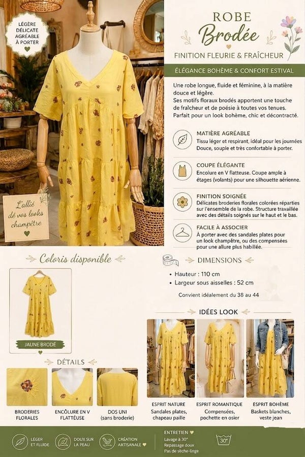 Robe jaune brodée à étages – Fabrication italienne