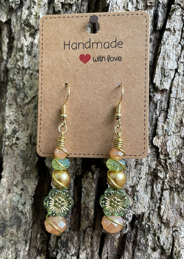 Green & Gold Wrapped Flower Earrings