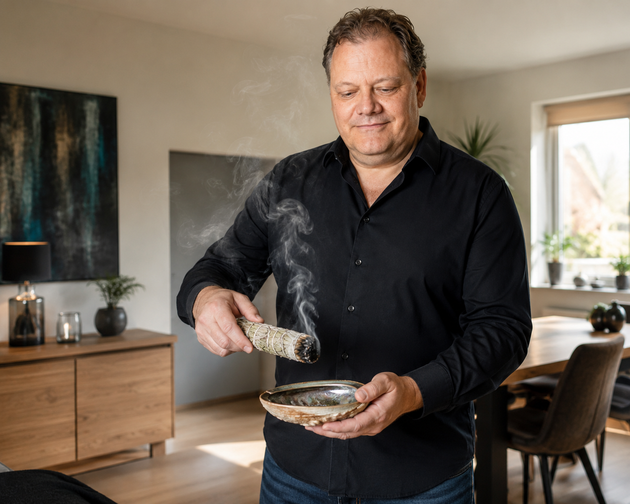 Michael Chandro bei einer energetischen Raumreinigung durch Räuchern