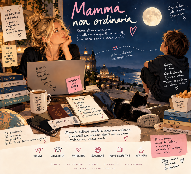 Mamma non ordinaria: Valeria e Giorgio, lontani ma sotto la stessa luna. Illustrazione della serie di Valeria Caggiano.