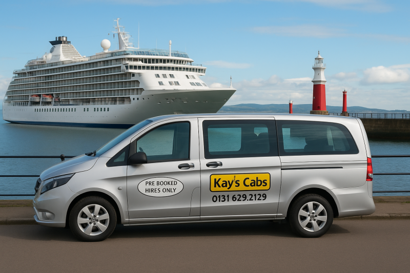 Kay’s Cabs private hire taxi at Leith cruise terminal collecting cruise passengers