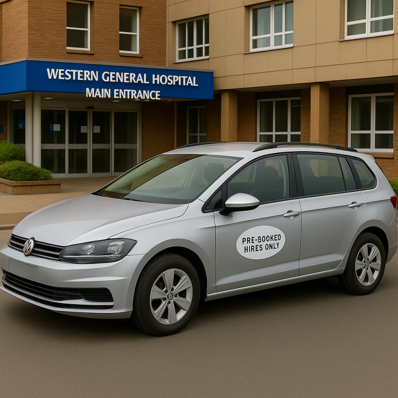 Kay’s Cabs vehicle outside Western General Hospital in Edinburgh with a PRE-BOOKED HIRES ONLY sticker on the front door.