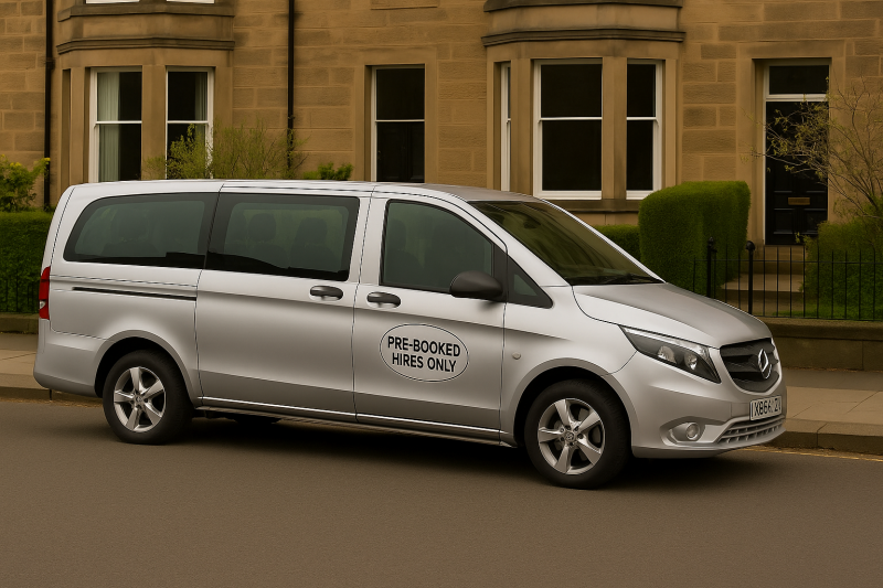Silver Mercedes Vito taxi with “PRE-BOOKED HIRES ONLY” white oval sticker on the front door, parked on a residential street in Blackhall, Edinburgh in front of sandstone bay-windowed homes.