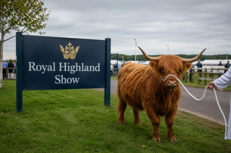 Highland cow beside Royal Highland Show entrance sign at the Royal Highland Centre