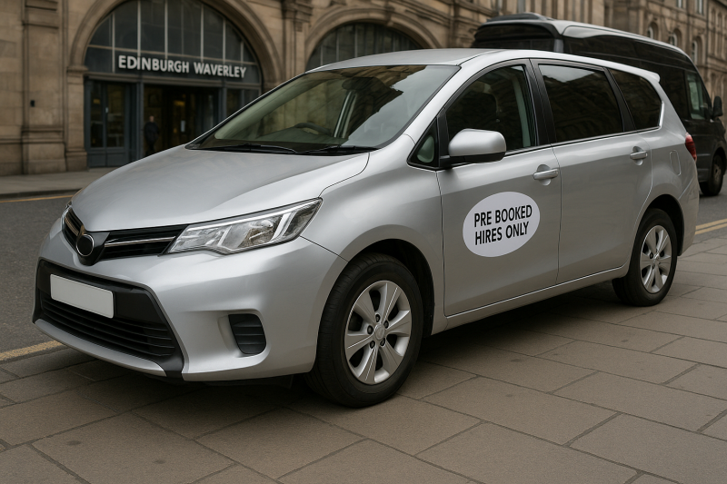 Silver private hire taxi with a “Pre-Booked Hires Only” door sticker parked outside Edinburgh Waverley Station, ready for rail disruption passengers.
