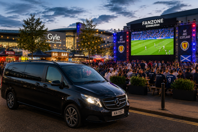 Crowds gathered at Edinburgh’s Fanzone at Gyle Shopping Centre watching a live football match on a giant screen, with a black Mercedes Vito private hire vehicle parked nearby.
