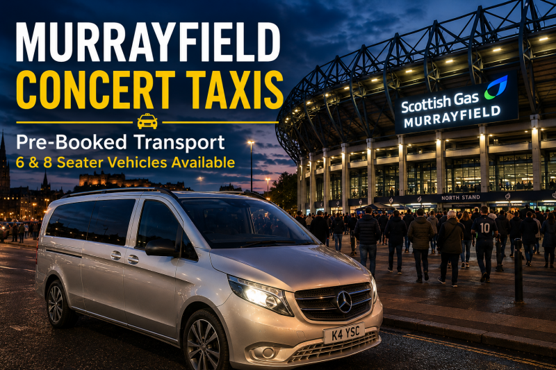 Silver Mercedes Vito taxi outside Scottish Gas Murrayfield Stadium in Edinburgh before a major concert event.