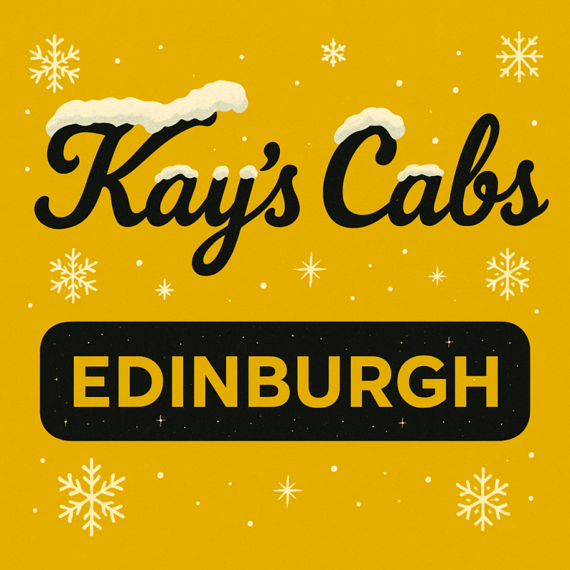 Kay’s Cabs Edinburgh festive logo – yellow background with white snowflakes and snow-covered text, promoting the taxi company’s Christmas season branding.