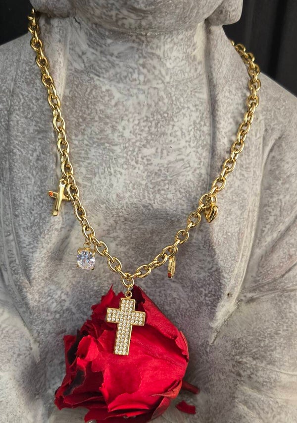 Collier croix et strass acier inoxydable