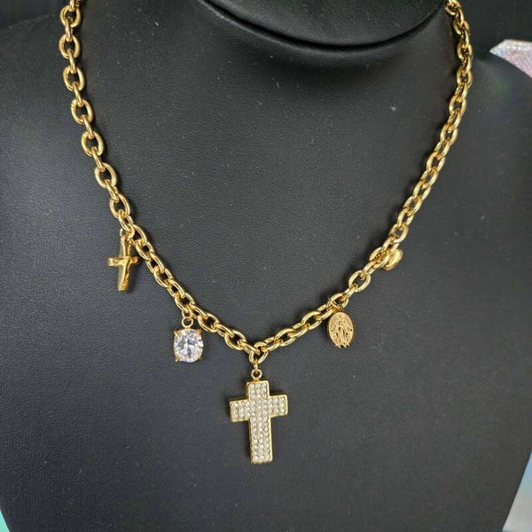 Collier croix et strass acier inoxydable