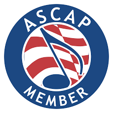 A circular logo in dark blue with a red and white striped flag in the background, and in the center  is a blue music note. It says, "A-S-C-A-P" around the top of the circle, which stands for "American Society of Composers, Authors, and Publishers." 