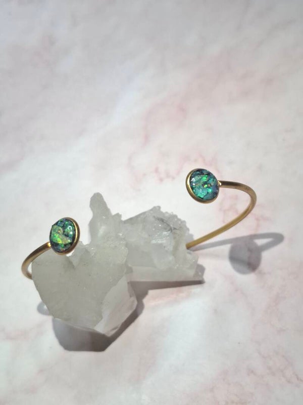 Bracelet jonc ajustable avec Cabochon combo 10mm d'éclats d'opales