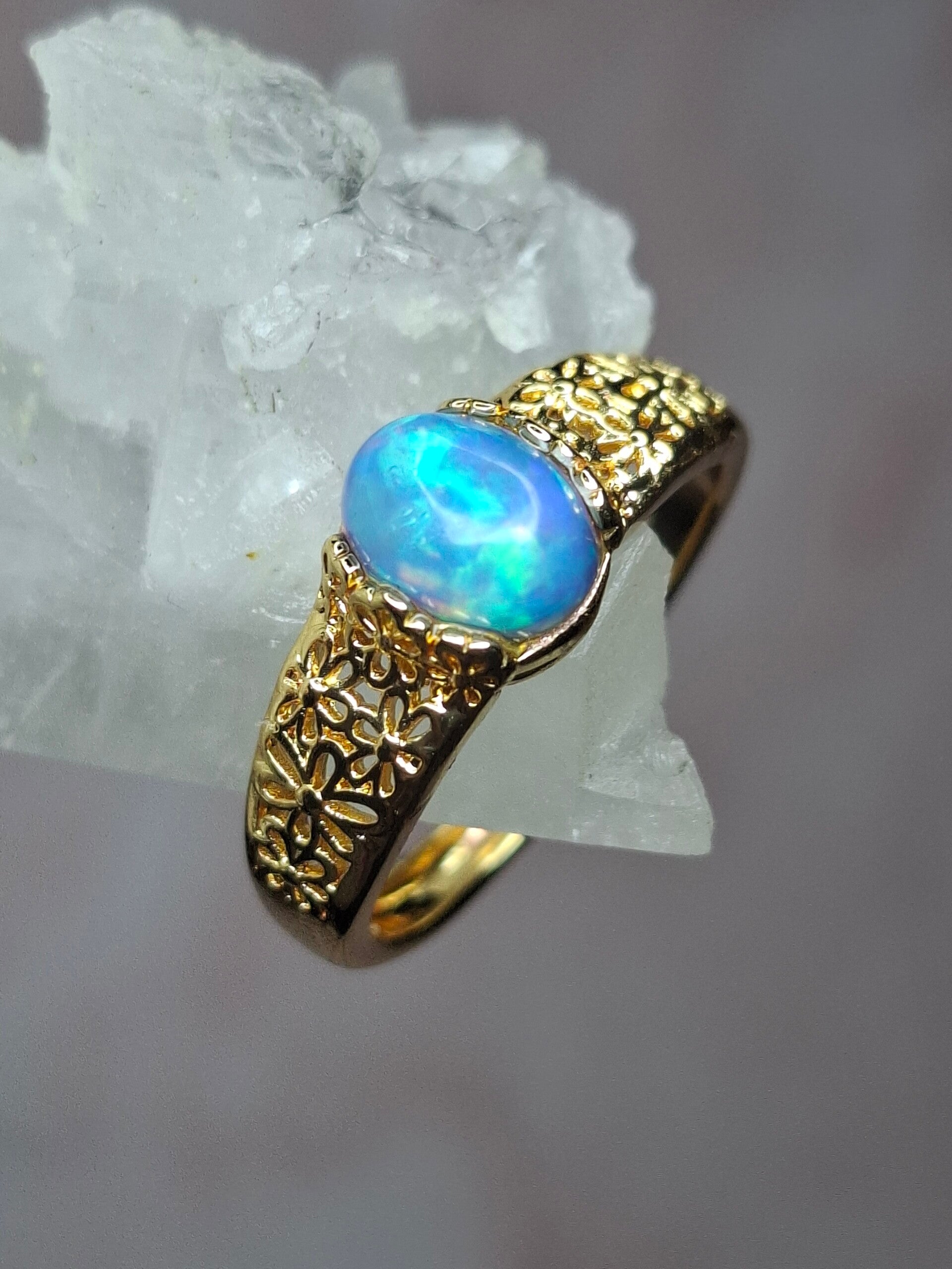 Bague ajustable fleur et opale bleu 8x6 éthiopienne authentique