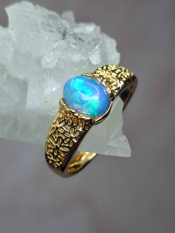 Bague ajustable fleur et opale bleu 8x6 éthiopienne authentique