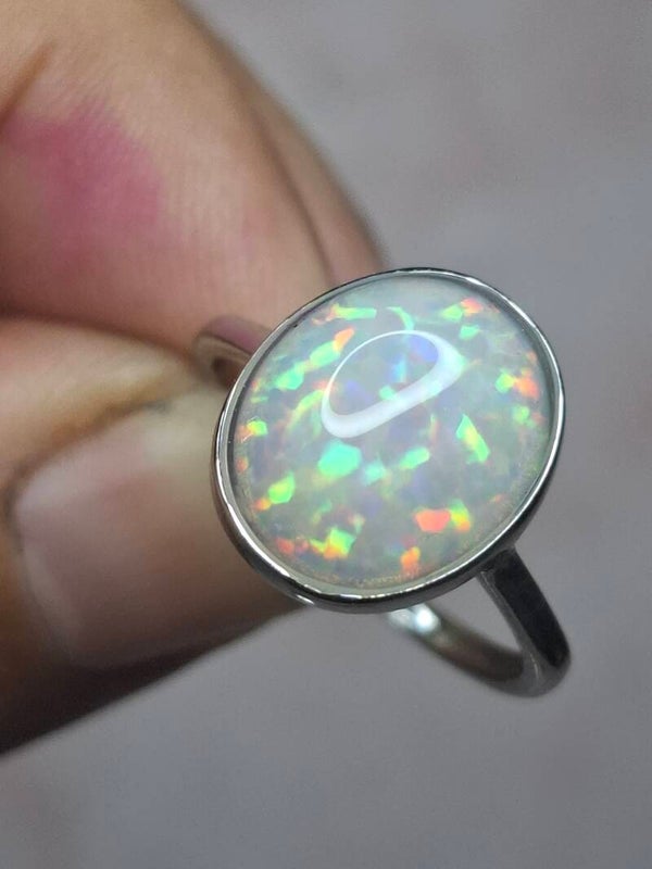 Bague argent avec opale blanche pointe de 🔥 multicolore, opale 12x10mm.qualité incroyable 🤩