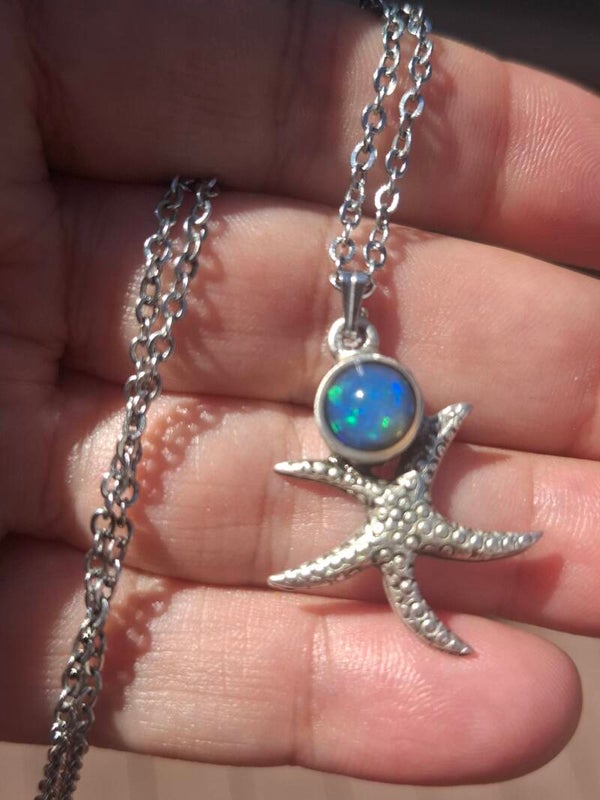 Pendentif étoile de mer avec opale welo, pierre éthiopienne véritable de 7/6mm