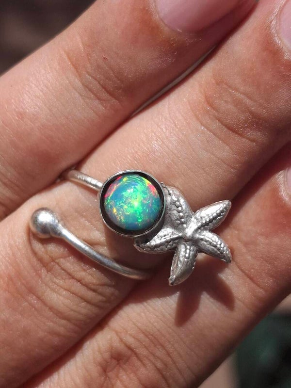 Bague étoile de mer avec opale welo, pierre éthiopienne véritable de 7/6mm multicolore