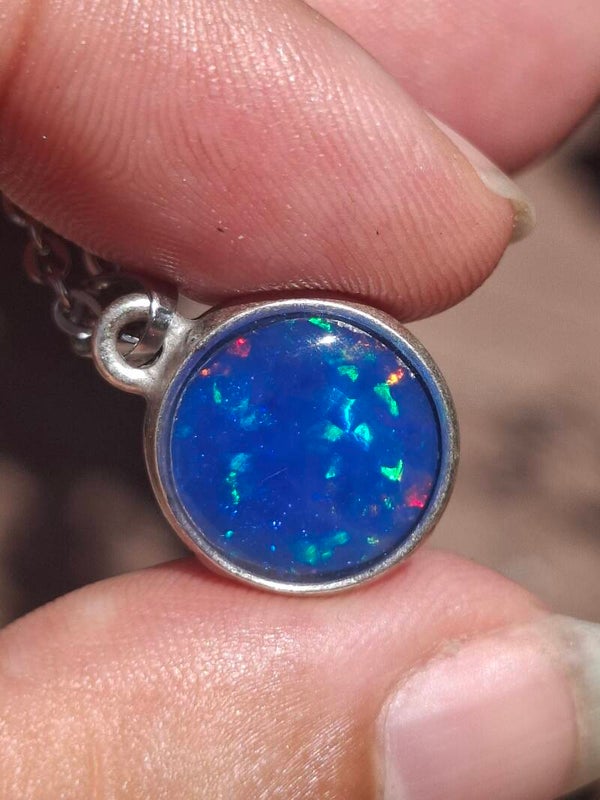 Pendentif opale bleu pailleté, pierre éthiopienne de 13mm véritable