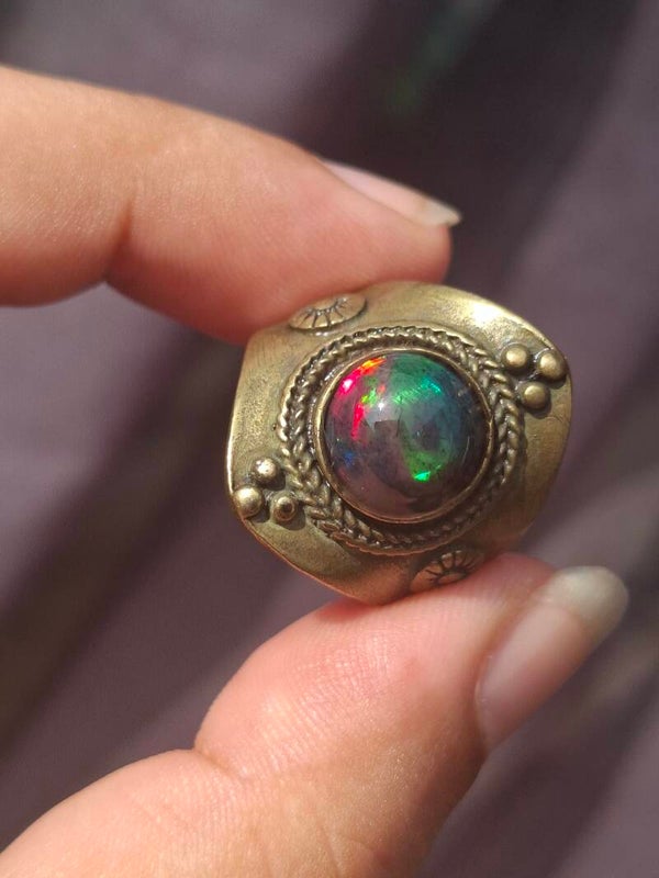Bague chevalière ajustable en bronze et opale noire, pierre véritable de 10mm, éthiopienne
