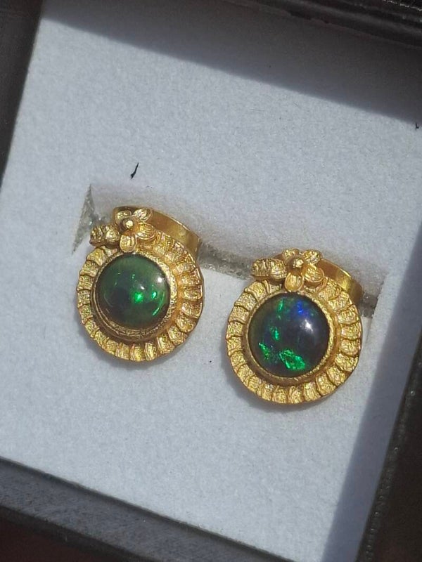 Boucle d'oreille fleur style retro s925 plaqué or avec 2 opales, pierres 6/5bleuté vert  reflet fort