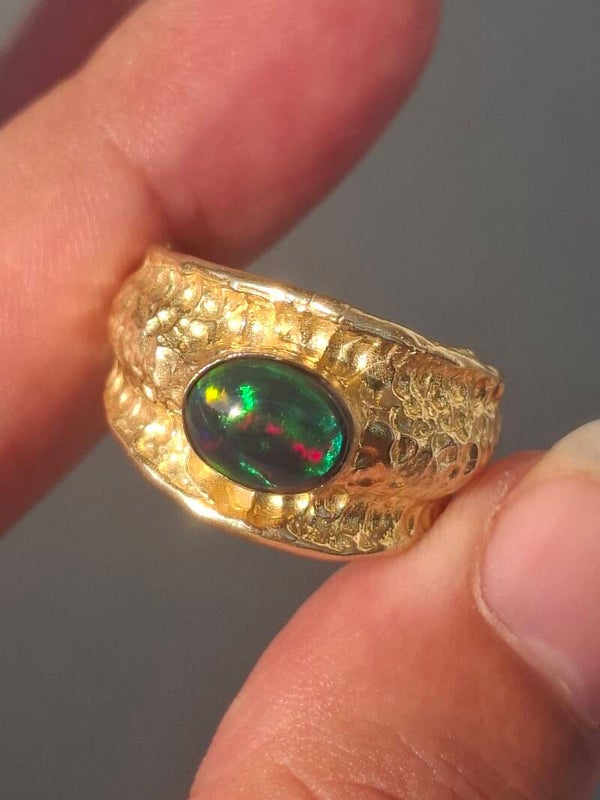 Bague ajustable plaqué or 18k avec opale noire, pierre de 8x6mm, éthiopienne véritable