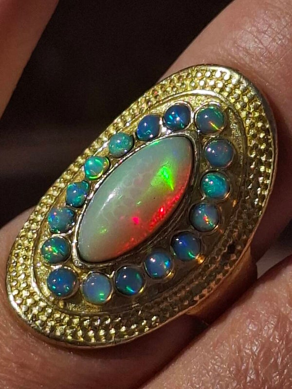 Bague ajustable inspiration antique, opale honeycomb, pierre marquise de 15x7MM de 2,60 carats