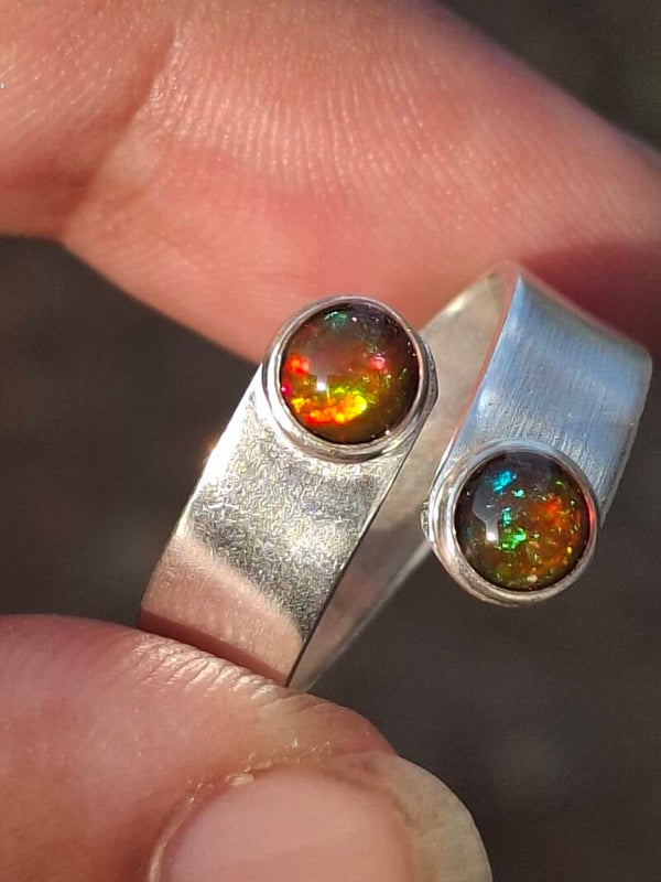 Bague ajustable argent plaqué double opale, pierre ambrée rouge 4mm Éthiopienne neuf