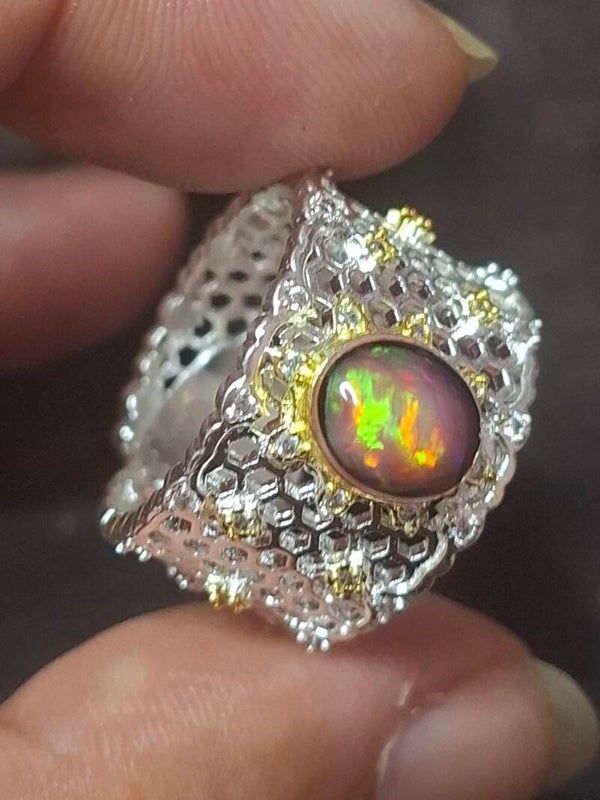 Bague ajustable argent plaqué nid d'abeille 🐝 et opale rose 8x6mm