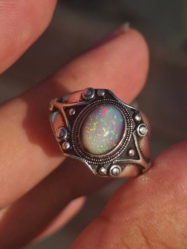 Bague ajustable opale rose pale pailleté galaxie rose éthiopienne argent plaqué