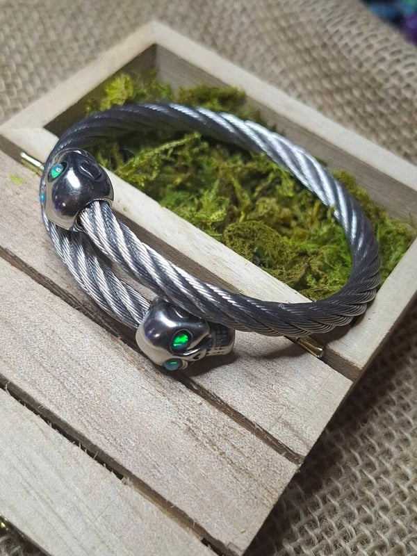 Bracelet acier inoxydable double skull opales véritables