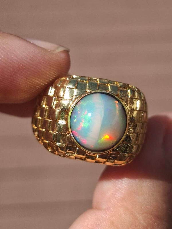 Bague ajustable chevalière or plaqué et opale 10mm