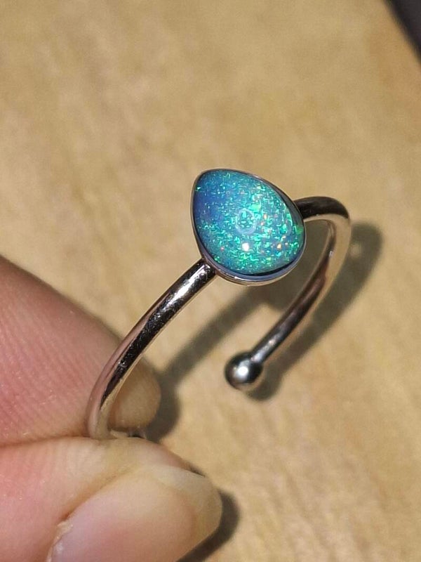 Bague ajustable acier inoxydable et opale goutte galaxie pailleté