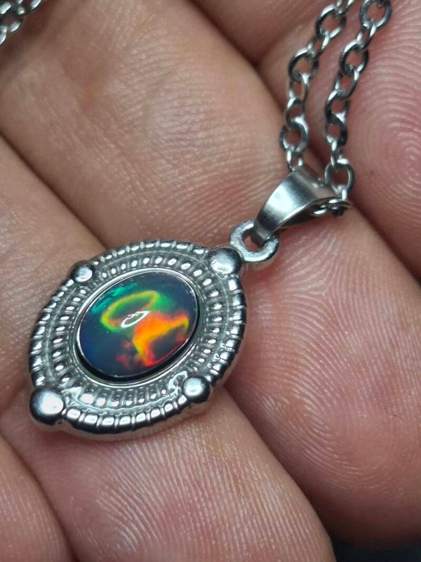Pendentif acier inoxydable et opale 8x6mm Multicolore éthiopienne