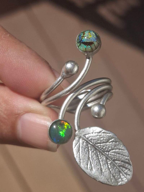 Bague feuillage ajustable et 2 opales
