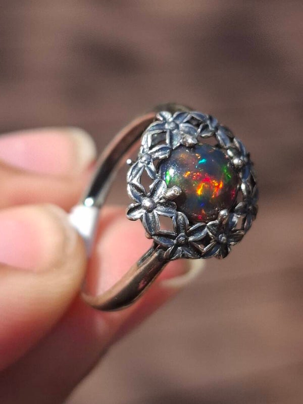 Bague argent vieilli 🌸 taille ajustable opale