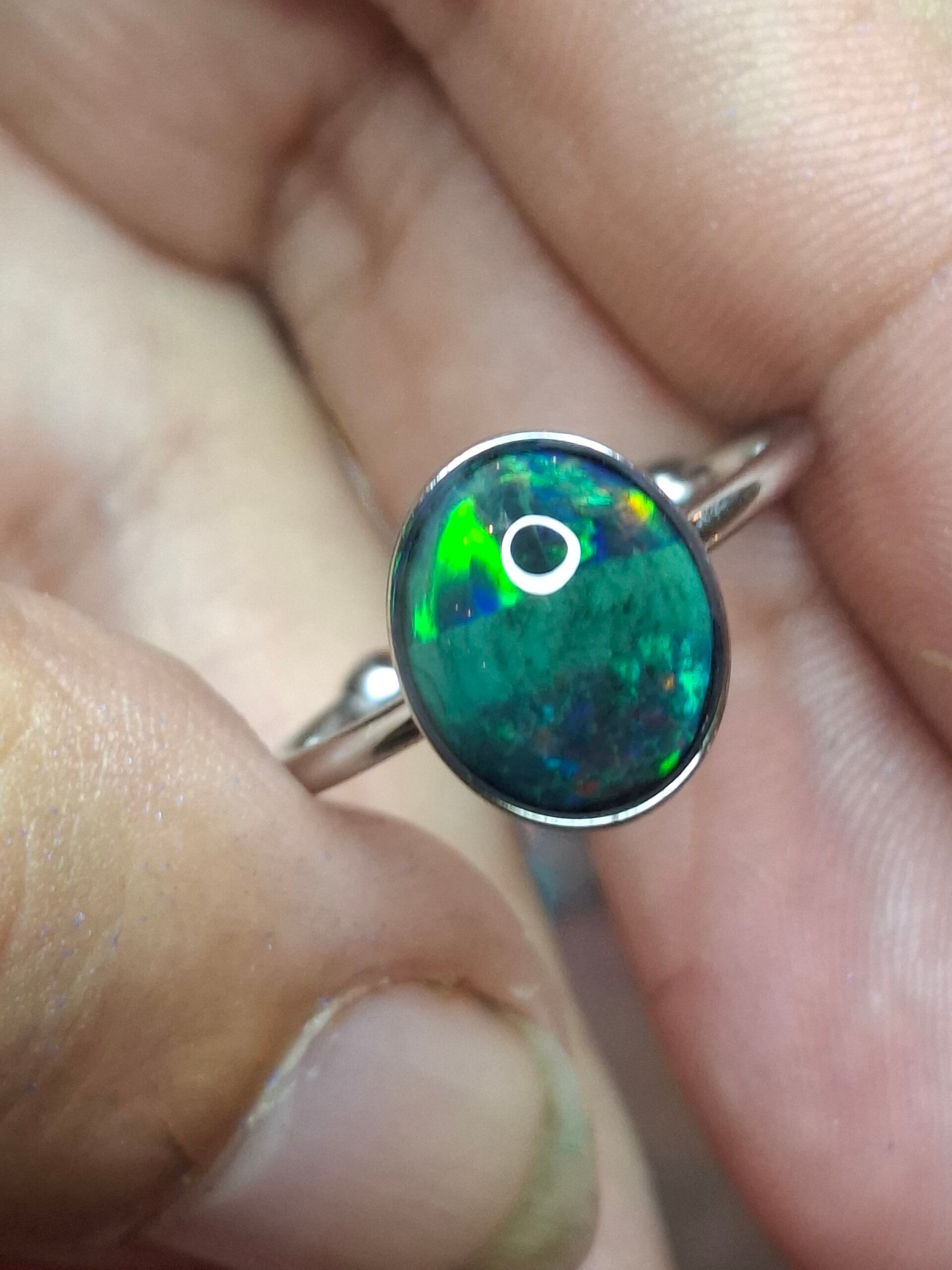 Bague acier inoxydable Taille ajustable opale noire 10x8mm