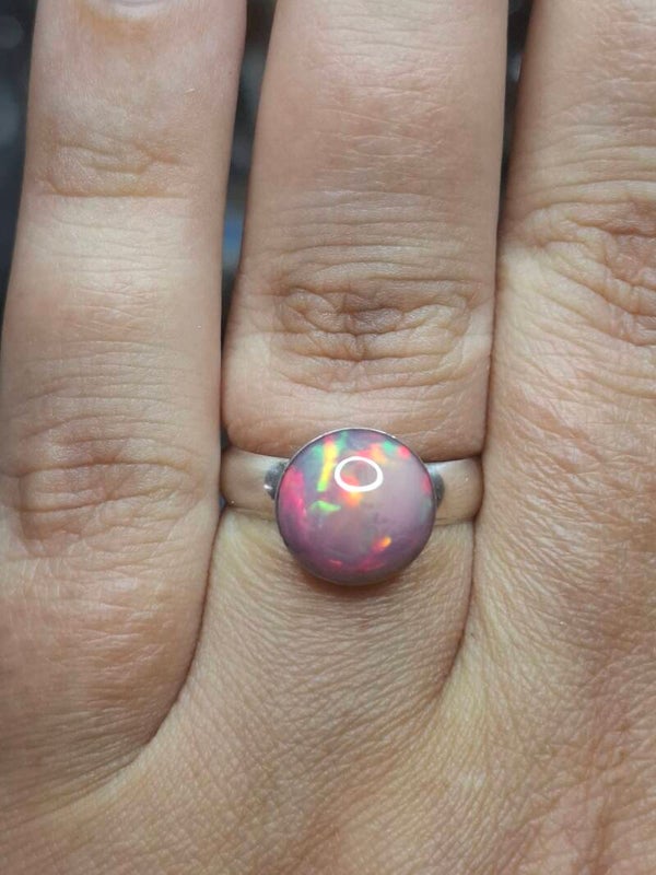 Bague en argent massif 925 opale rose violet 10mm multicolore