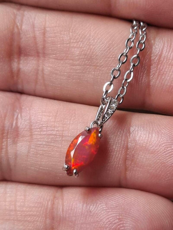 Pendentif argent rodhié s925 zircon et opale rose orangé 10x8mm véritable éthiopienne