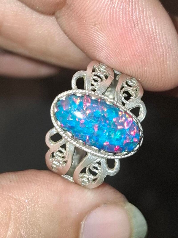 Bague argent 800. Taille 58, opale 14x7mm non sensible
