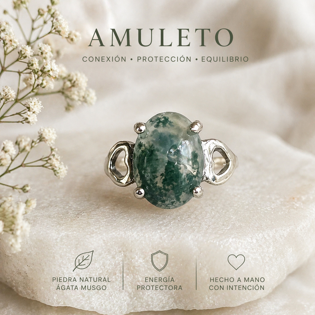 Amuleto anillo piedra mineral ágata musgo