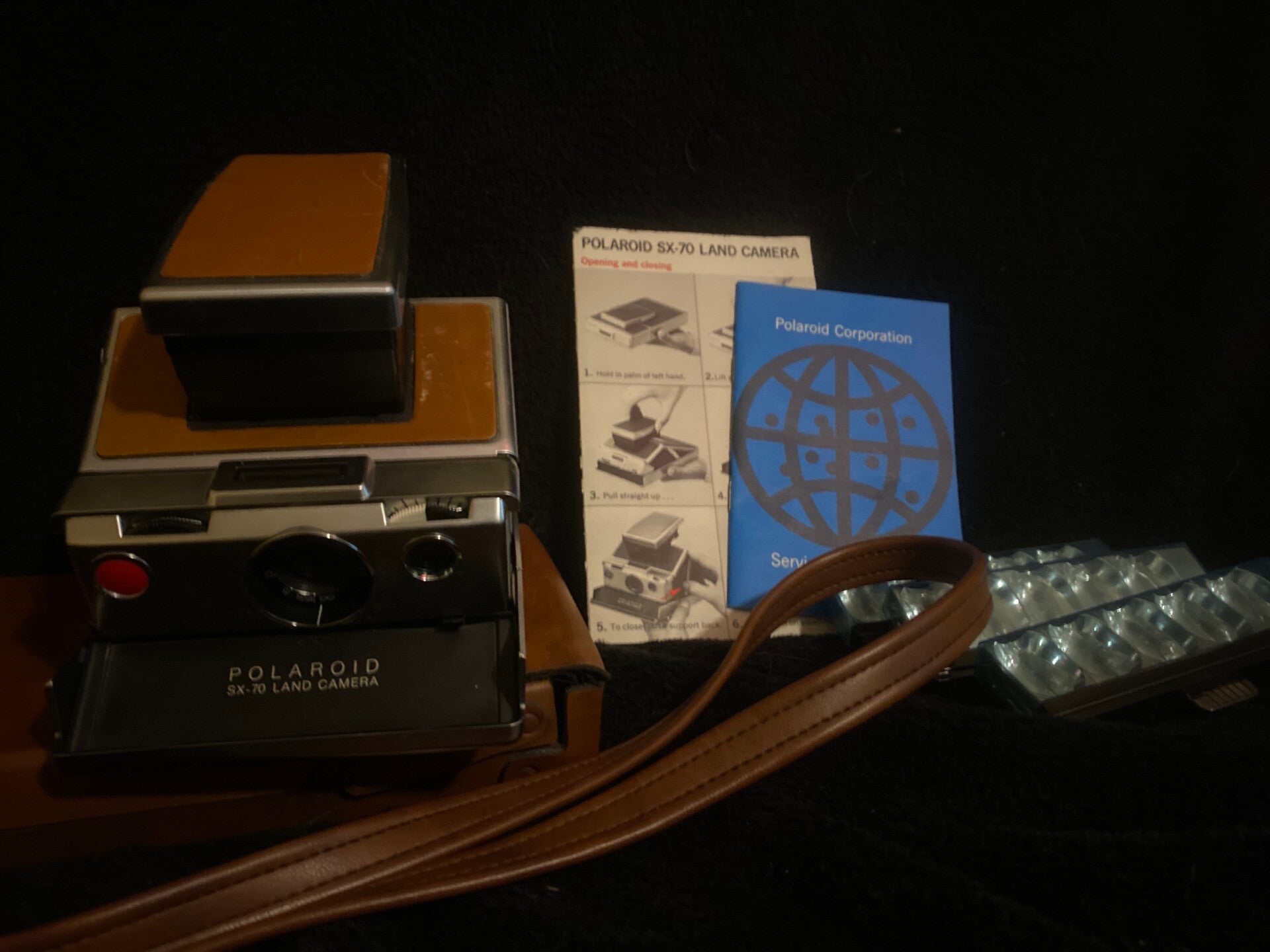 Polaroid SX-70 Land Camera (Untested) with Original Leather Case, Manuals & 3 Sylvania Flashbars