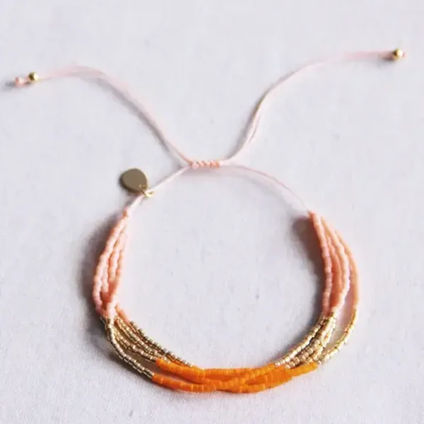 Bracelet Miyuki à quatre rangs - saumon/orange/plaqué or