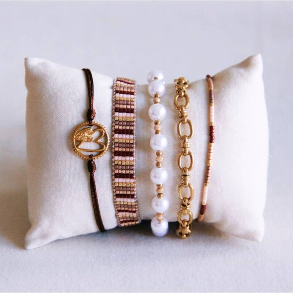 Bracelet perles facettées avec fermoir rond - nude