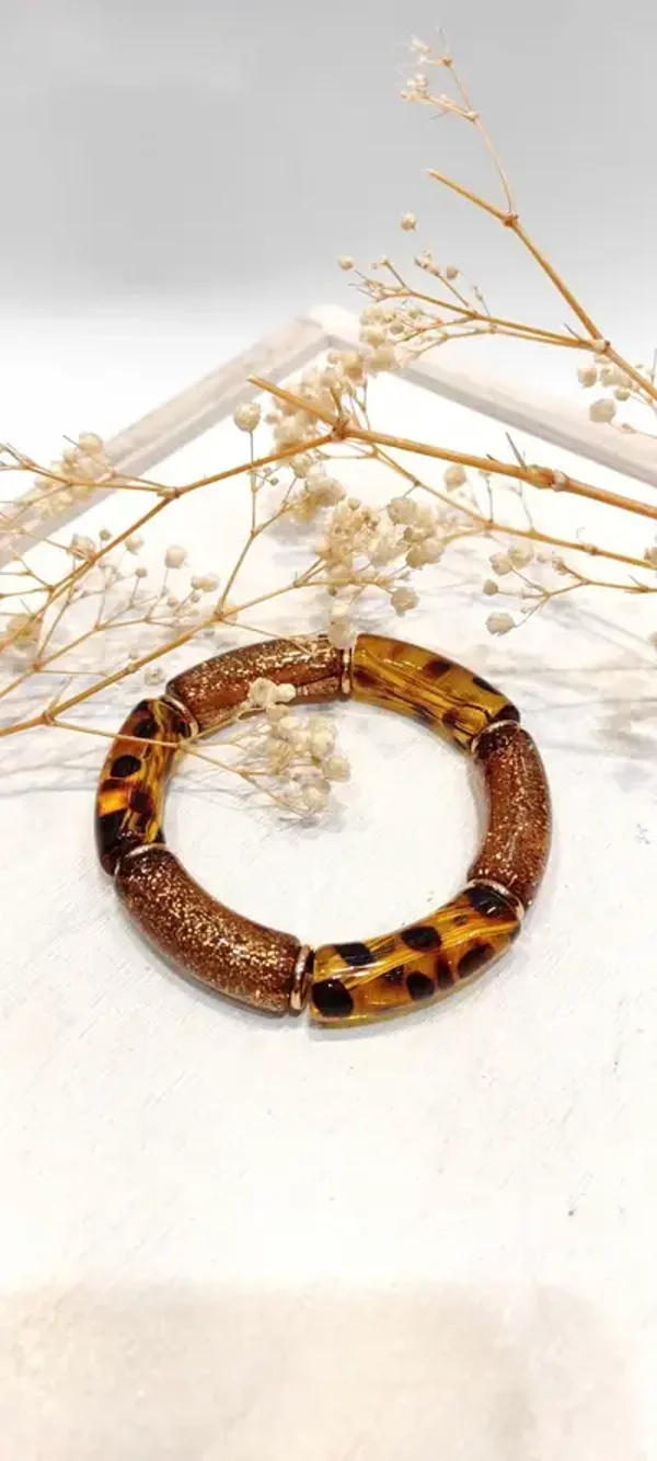Bracelet mixte paillettes léopard élastique 1cm Kecy résine et acier