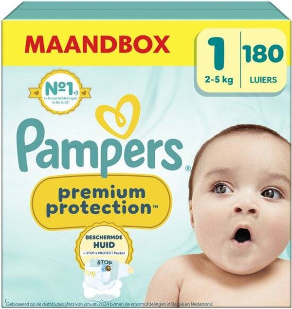 Pampers Premium Protection - Maat 1 (2kg-5kg) - 180 Luiers - Maandbox