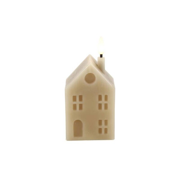 Huis kaars taupe Led maat S hoogte 14cm