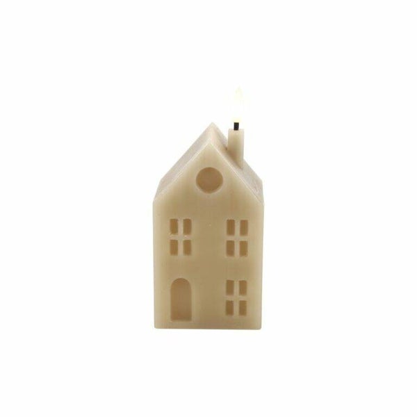 Huis kaars taupe Led maat M hoogte 16cm