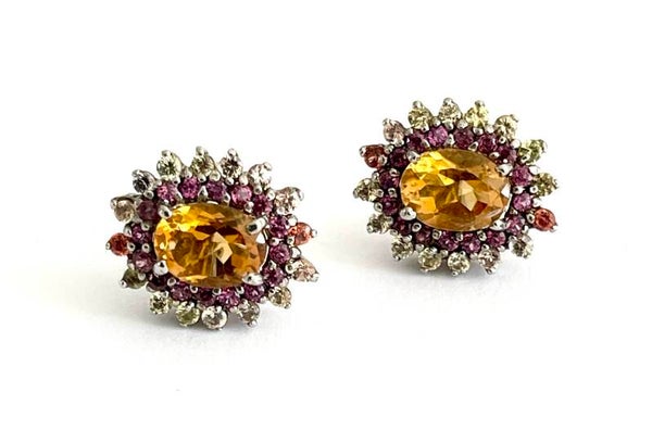 Zilveren oorbellen met Citrine, Rhodolite en Sapphire