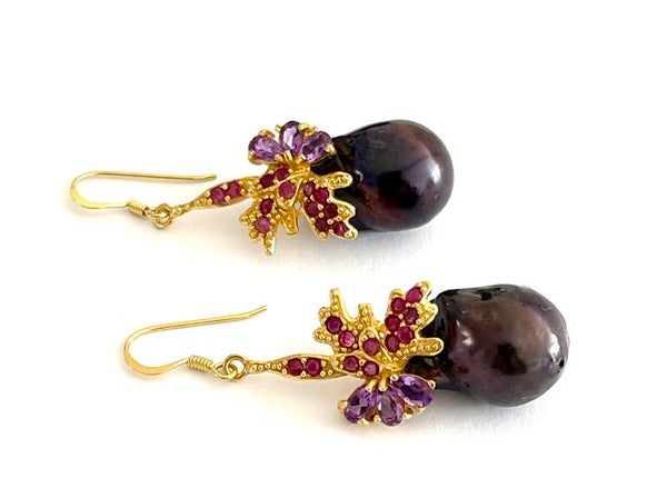 Zilveren oorbellen met Pearl, Rhodolite en Amethyst